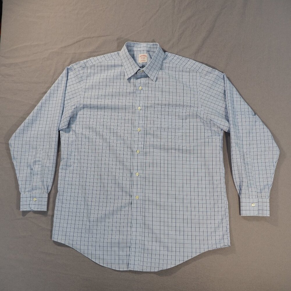 Brooks Brothers Shirt Men 16 1/2 35 Blue Supima Cotton Non Iron Windowpane Check